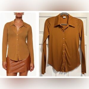 Artizia Wilfred Pose Hip Long Sleeve Button Up Shirt Rich Chestnut Brown Small